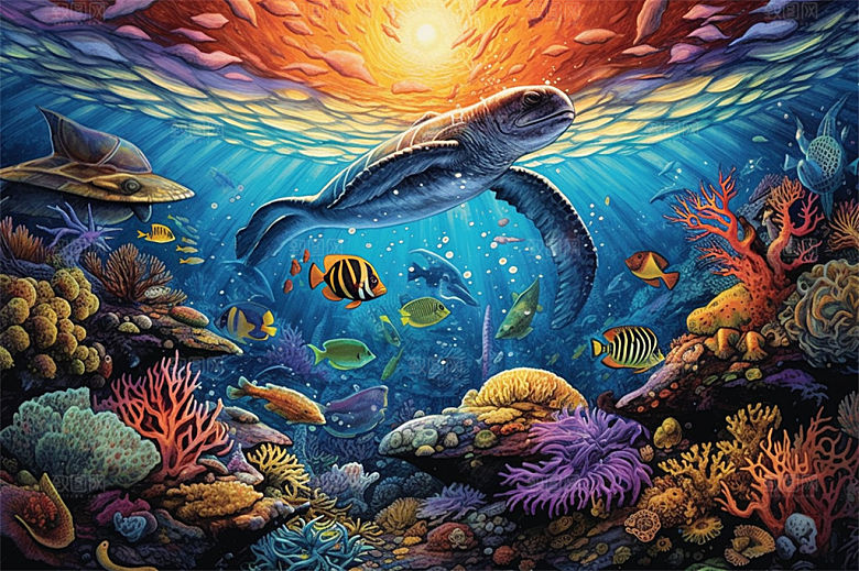 奇幻海底世界海洋生物缤纷多彩神秘插画