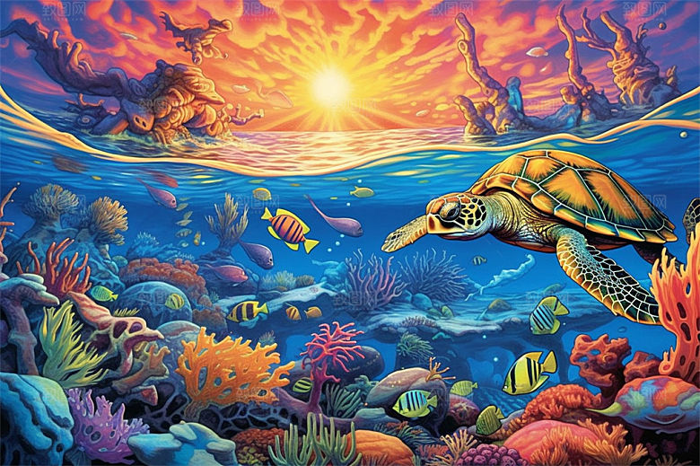 奇幻海底世界海洋生物缤纷多彩神秘插画
