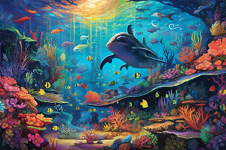 奇幻海底世界海洋生物缤纷多彩神秘插画