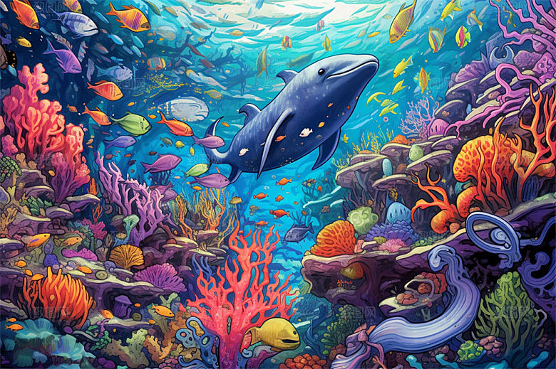 奇幻海底世界海洋生物缤纷多彩神秘插画
