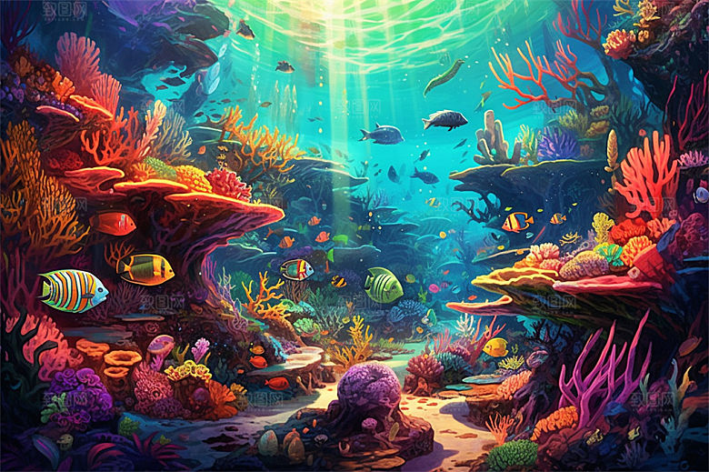 奇幻海底世界海洋生物缤纷多彩神秘插画