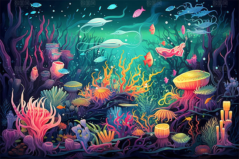 奇幻海底世界海洋生物缤纷多彩神秘插画