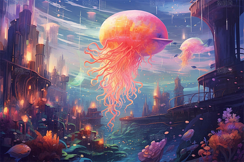 奇幻海底世界海洋生物缤纷多彩神秘插画