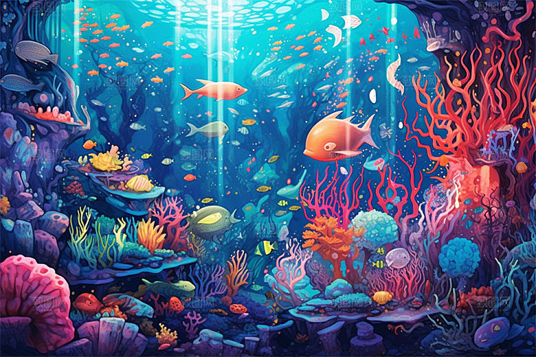 奇幻海底世界海洋生物缤纷多彩神秘插画