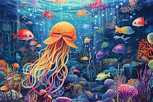 奇幻海底世界海洋生物缤纷多彩神秘插画