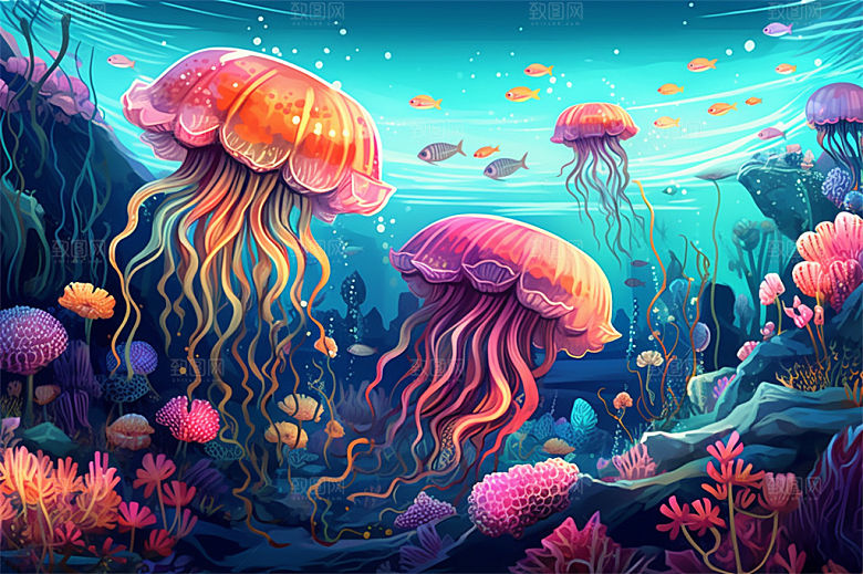 奇幻海底世界海洋生物缤纷多彩神秘插画