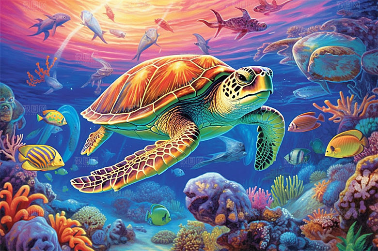 奇幻海底世界海洋生物缤纷多彩神秘插画