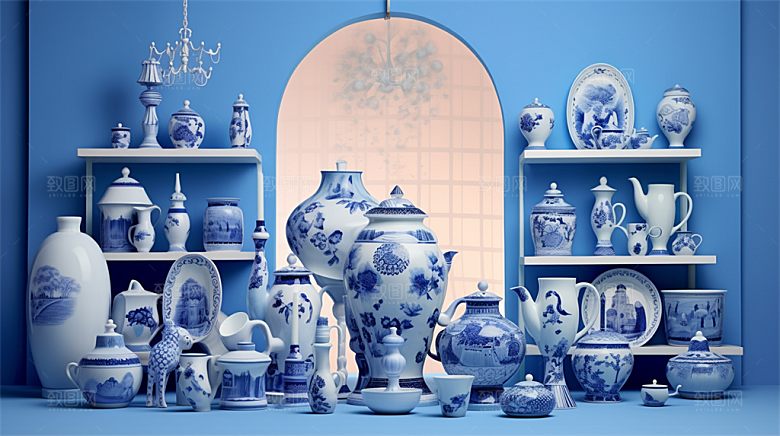 青花瓷陶瓷制品青花五彩成品展示场景