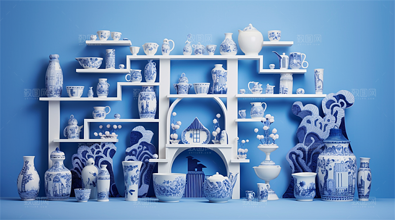 青花瓷陶瓷制品青花五彩成品展示场景