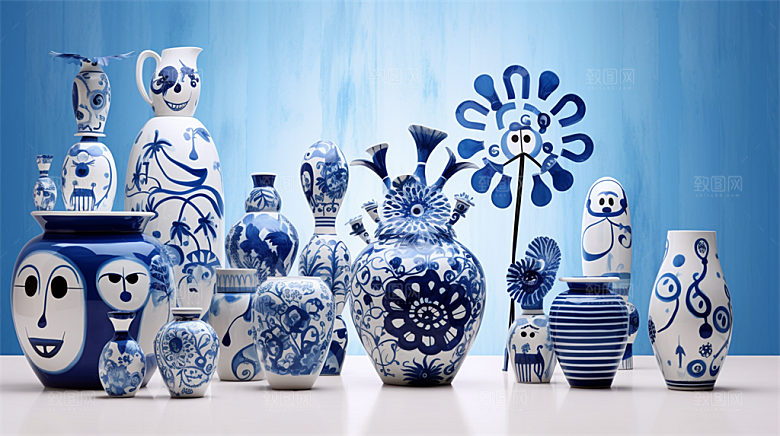 青花瓷陶瓷制品青花五彩成品展示场景