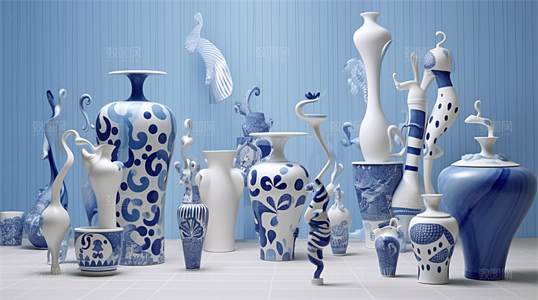 青花瓷陶瓷制品青花五彩成品展示场景