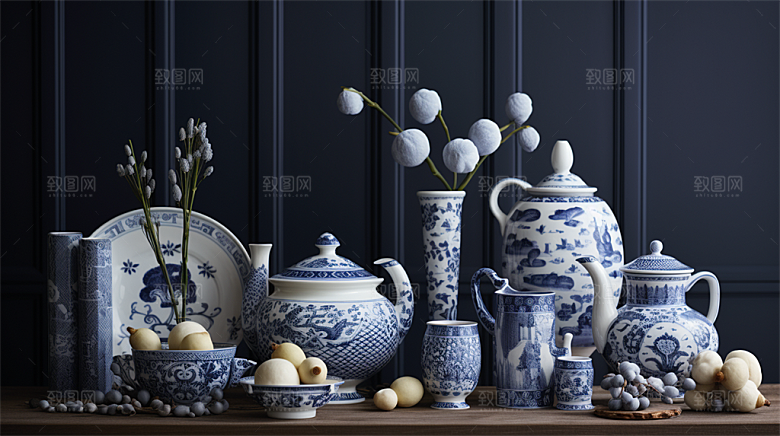 青花瓷陶瓷制品青花五彩成品展示场景