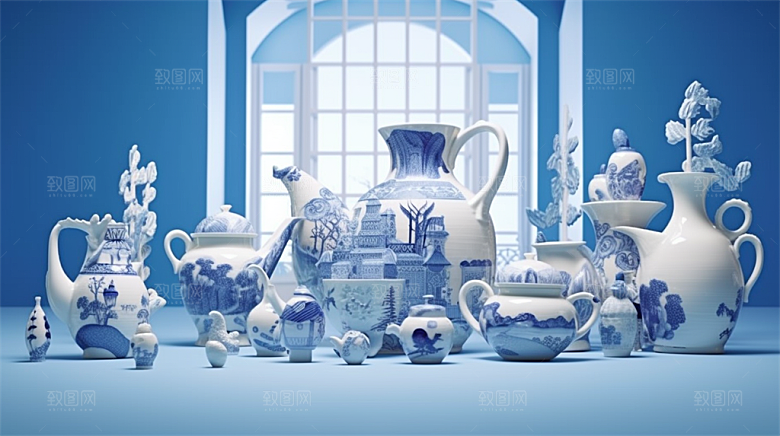 青花瓷陶瓷制品青花五彩成品展示场景