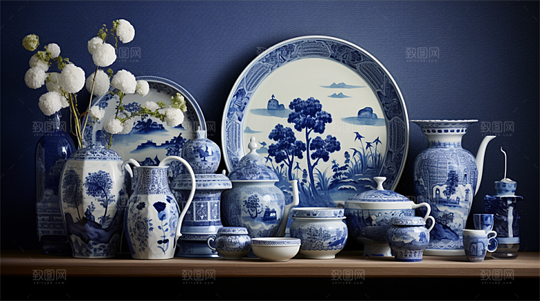 青花瓷陶瓷制品青花五彩成品展示场景