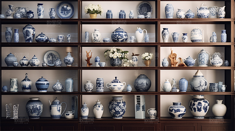 青花瓷陶瓷制品青花五彩成品展示场景