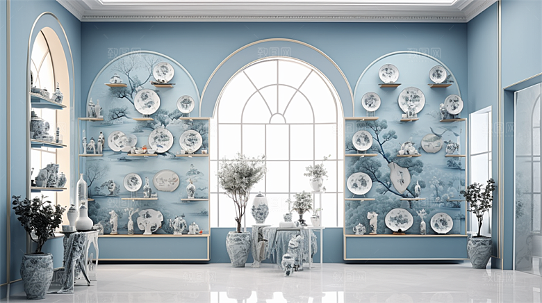 青花瓷陶瓷制品青花五彩成品展示场景