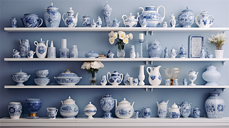 青花瓷陶瓷制品青花五彩成品展示场景