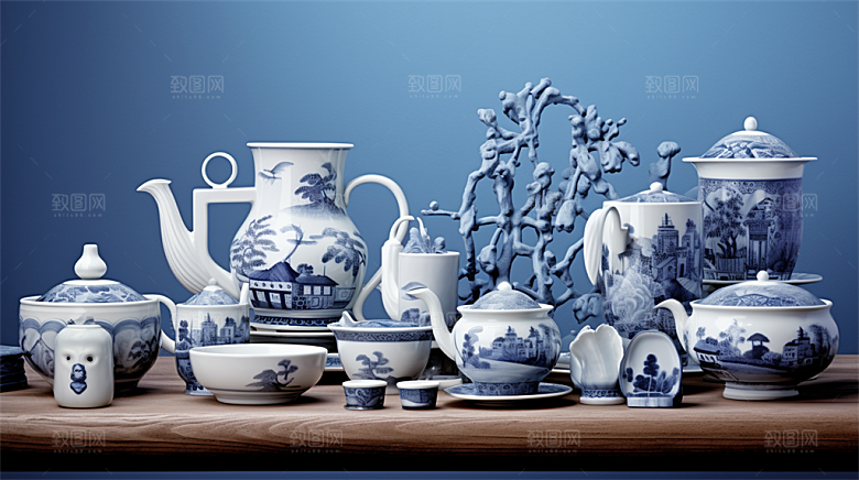 青花瓷陶瓷制品青花五彩成品展示场景