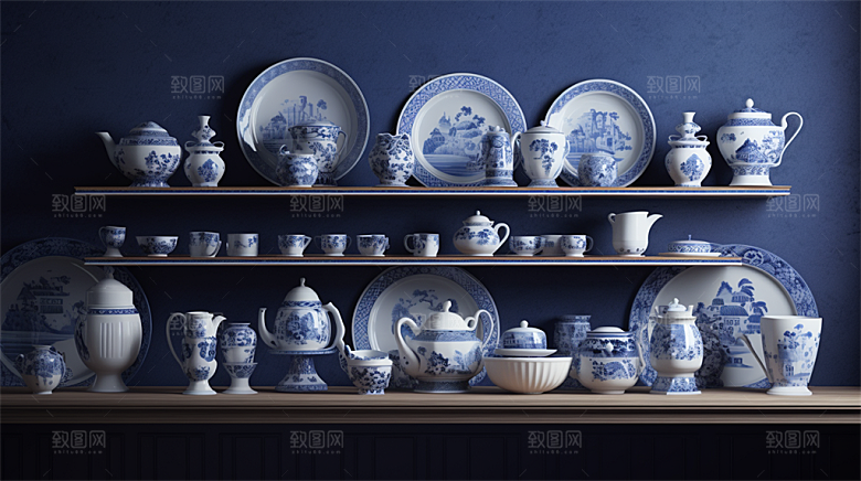 青花瓷陶瓷制品青花五彩成品展示场景