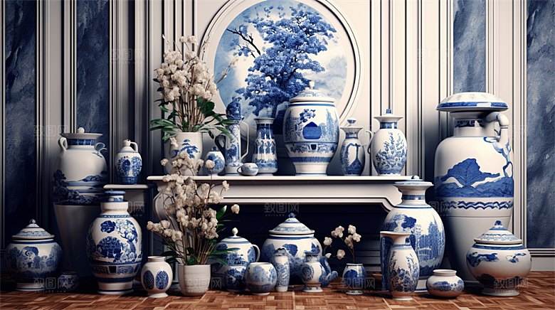 青花瓷陶瓷制品青花五彩成品展示场景