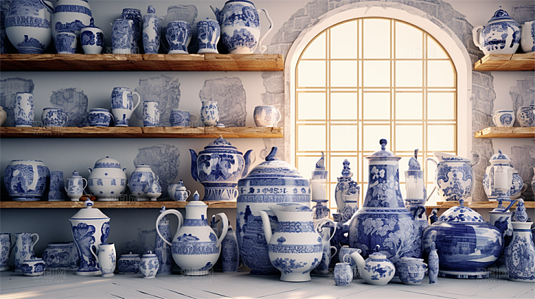 青花瓷陶瓷制品青花五彩成品展示场景