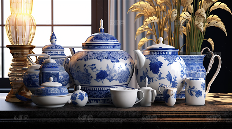 青花瓷陶瓷制品青花五彩成品展示场景