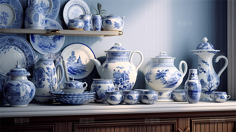 青花瓷陶瓷制品青花五彩成品展示场景