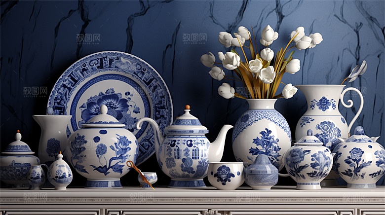 青花瓷陶瓷制品青花五彩成品展示场景