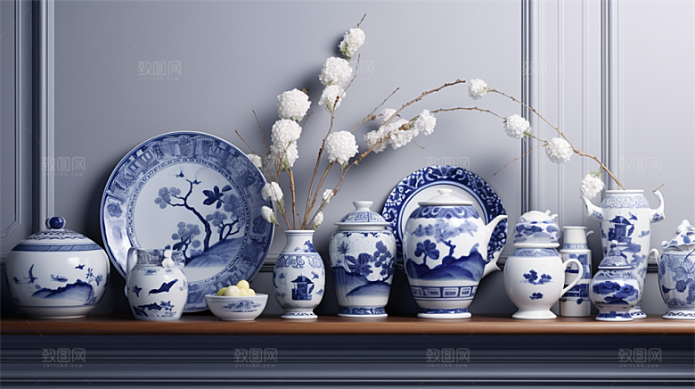 青花瓷陶瓷制品青花五彩成品展示场景