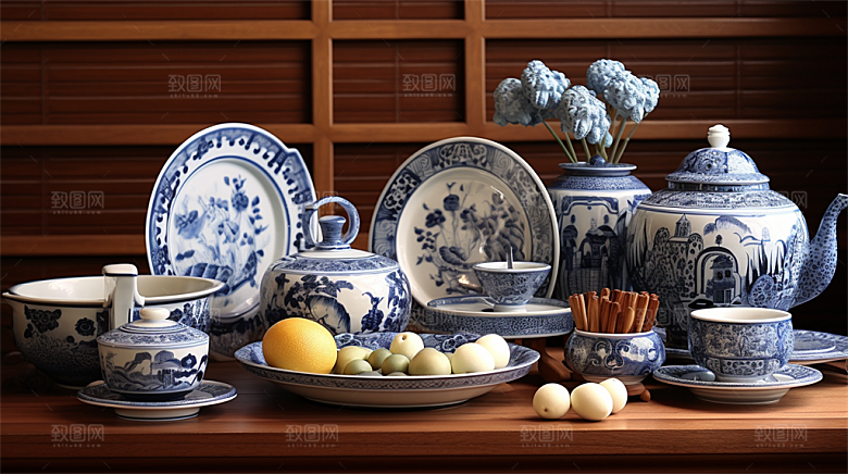 青花瓷陶瓷制品青花五彩成品展示场景