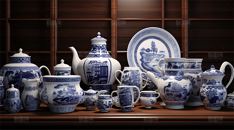 青花瓷陶瓷制品青花五彩成品展示场景