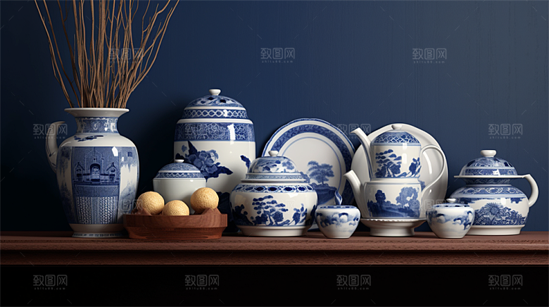 青花瓷陶瓷制品青花五彩成品展示场景