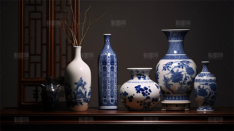 青花瓷陶瓷制品青花五彩成品展示场景
