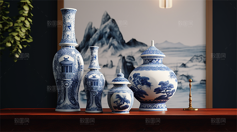 青花瓷陶瓷制品青花五彩成品展示场景