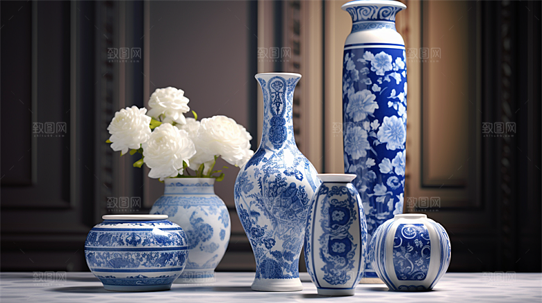 青花瓷陶瓷制品青花五彩成品展示场景