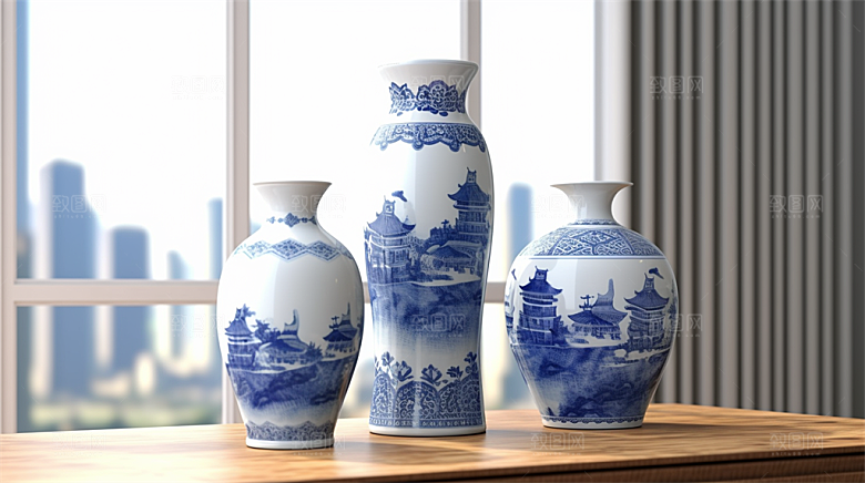 青花瓷陶瓷制品青花五彩成品展示场景