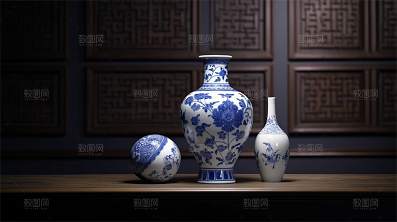 青花瓷陶瓷制品青花五彩成品展示场景