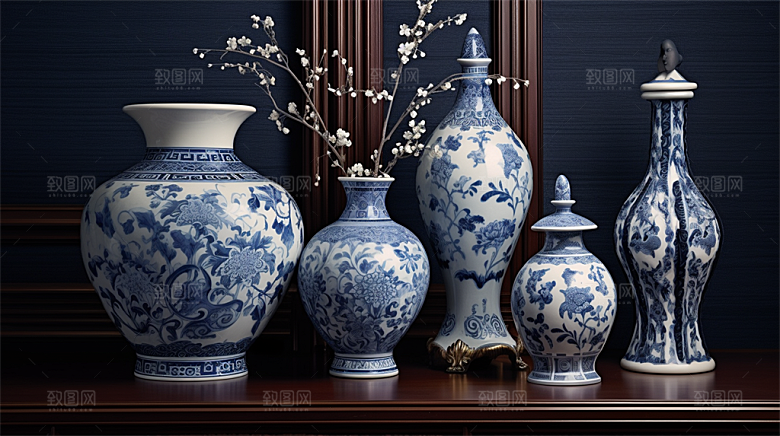 青花瓷陶瓷制品青花五彩成品展示场景