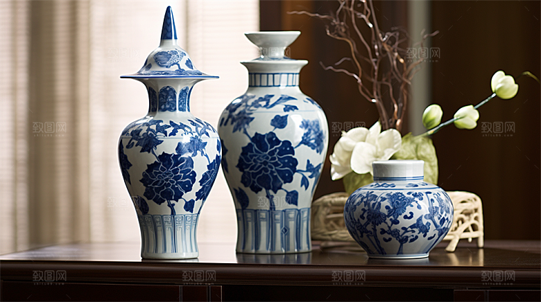 青花瓷陶瓷制品青花五彩成品展示场景