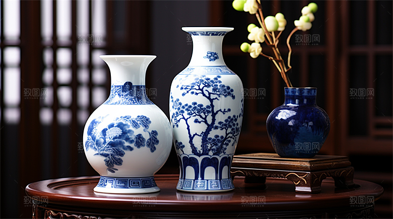 青花瓷陶瓷制品青花五彩成品展示场景
