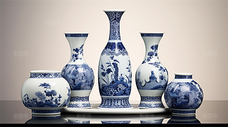 青花瓷陶瓷制品青花五彩成品展示场景