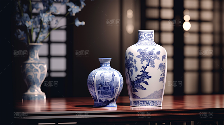 青花瓷陶瓷制品青花五彩成品展示场景