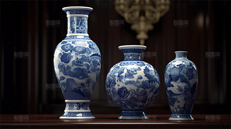 青花瓷陶瓷制品青花五彩成品展示场景