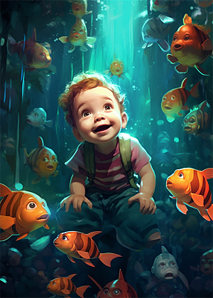 少年遨游海底世界嬉戏玩水明亮色彩插画