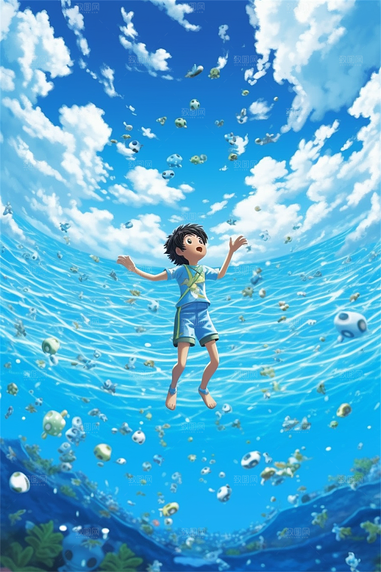 少年游泳冲浪嬉戏玩水明亮色彩插画