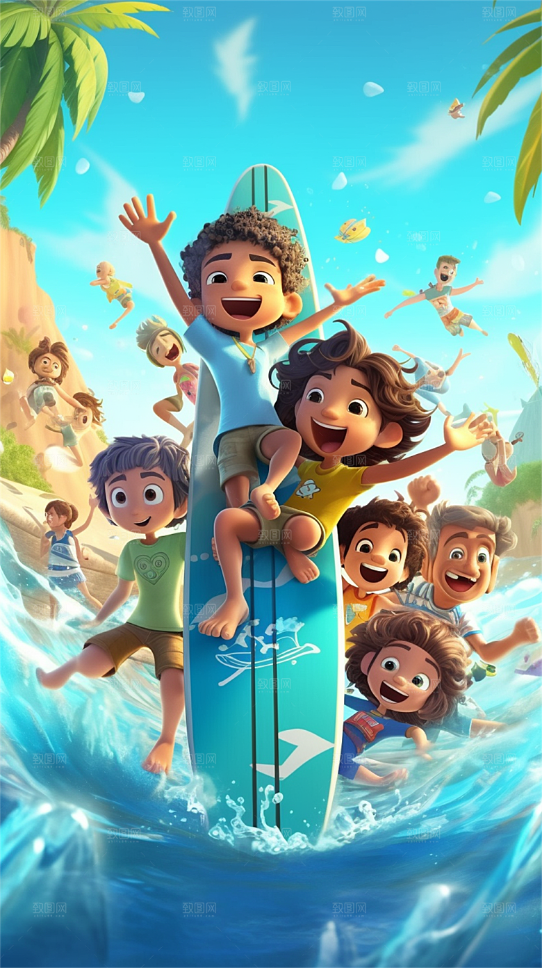 少年游泳冲浪嬉戏滑板玩水明亮色彩插画