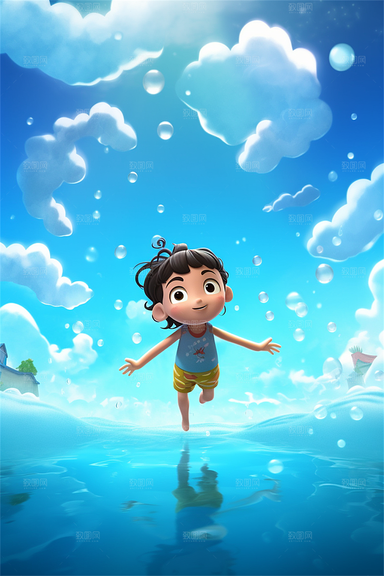 少年游泳冲浪嬉戏玩水明亮色彩插画