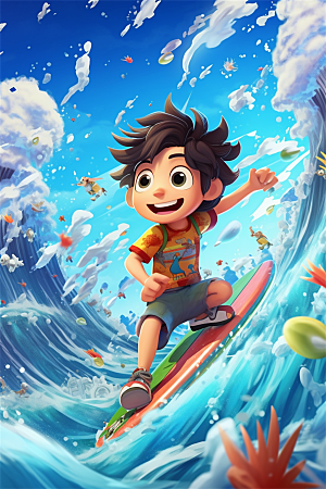 少年游泳冲浪嬉戏滑板玩水明亮色彩插画