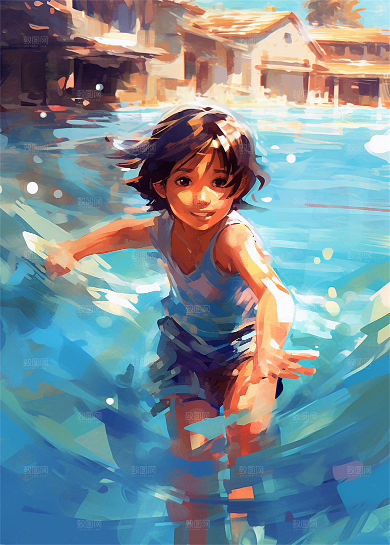 少年潇洒游泳冲浪嬉戏玩水明亮色彩油画
