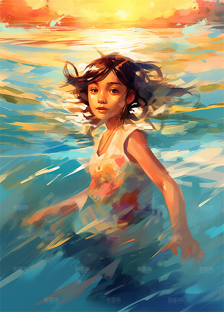 少年潇洒游泳冲浪嬉戏玩水明亮色彩油画
